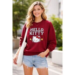 Sanrio Hello Kitty Dark Red Crewneck Sweatshirt Graphic Pullover Top SZ L